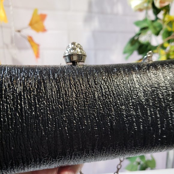 Kate Landry Black Textured Barrel Evening Mini Hand Bag Clutch Purse Chain - Picture 12 of 12